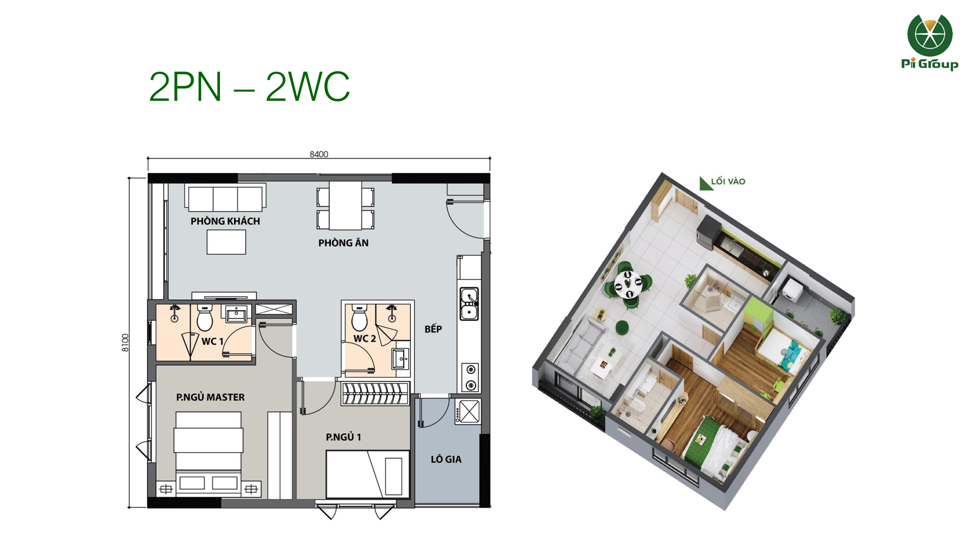 Thiết kế căn hộ 2PN + 2WC điển hình dự án Picity High Park